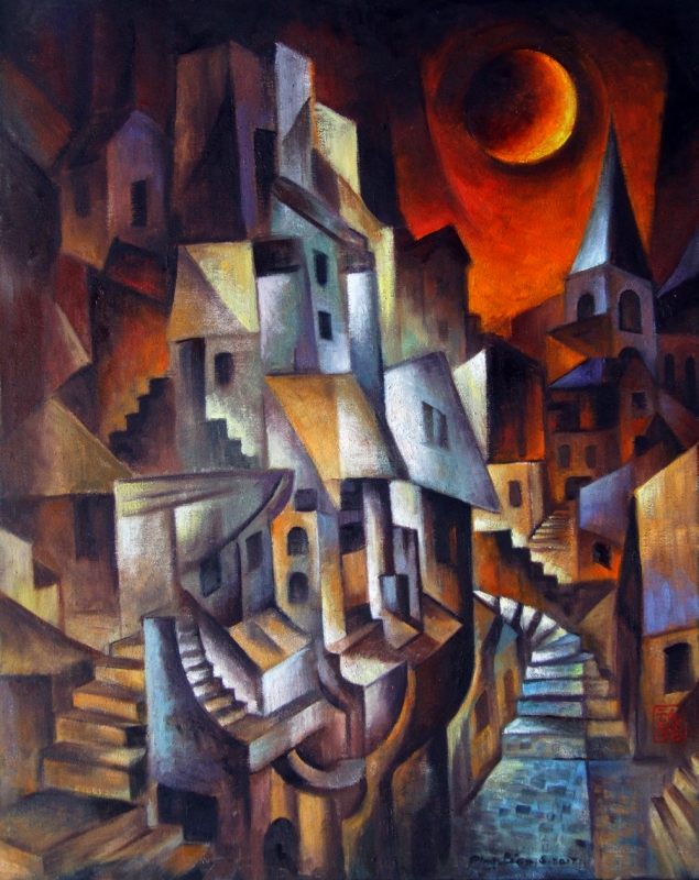 City with Red Sun by artist Ping Irvin